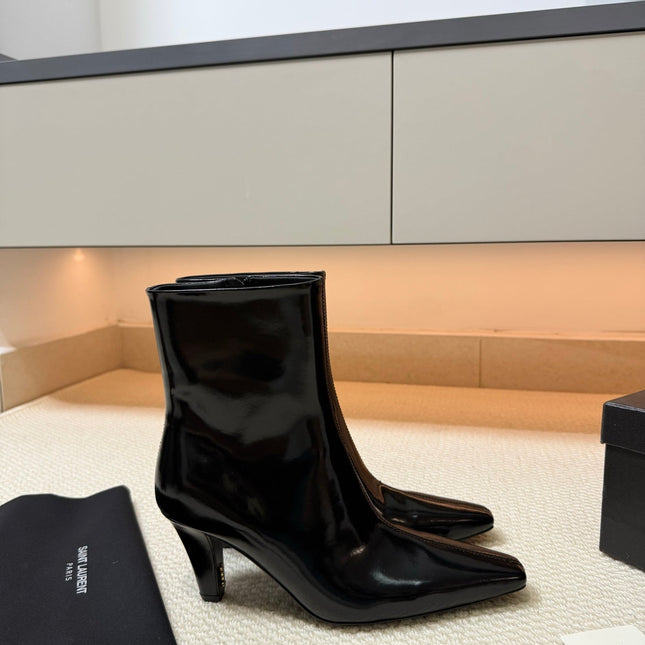 YSL 26S HEELED ANKLE BOOTS 70 MM IN BLACK GLOSSY LAMBSKIN