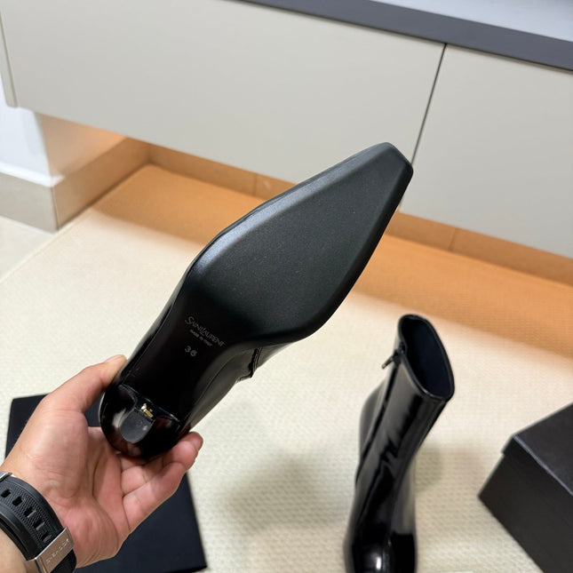 YSL 26S HEELED ANKLE BOOTS 70 MM IN BLACK GLOSSY LAMBSKIN