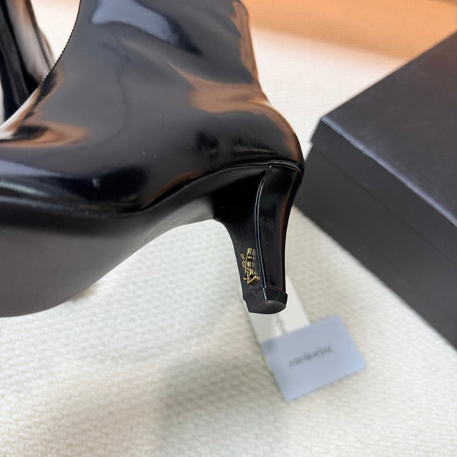 YSL 26S HEELED ANKLE BOOTS 70 MM IN BLACK GLOSSY LAMBSKIN