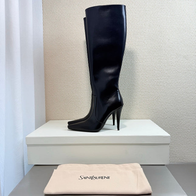 YSL 26S HIGH-HEEL TALL BOOTS 105 MM IN BLACK SHINY LAMBSKIN