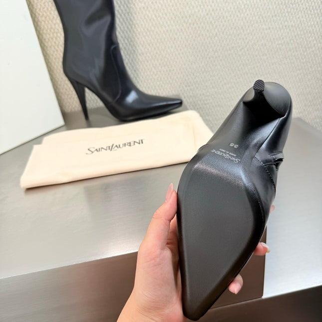 YSL 26S HIGH-HEEL TALL BOOTS 105 MM IN BLACK SHINY LAMBSKIN
