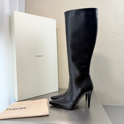 YSL 26S HIGH-HEEL TALL BOOTS 105 MM IN BLACK SHINY LAMBSKIN