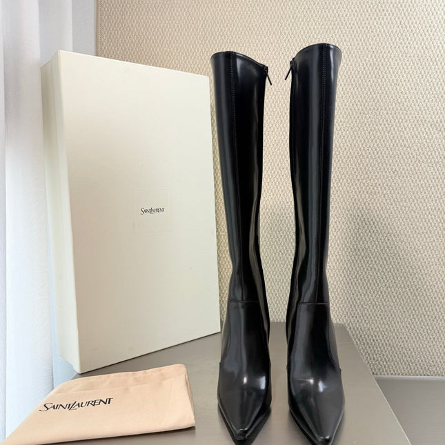 YSL 26S HIGH-HEEL TALL BOOTS 105 MM IN BLACK SHINY LAMBSKIN