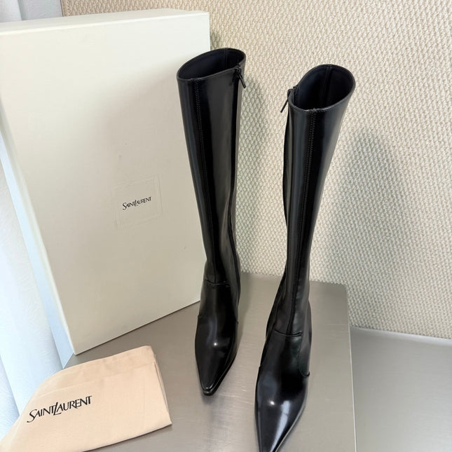 YSL 26S HIGH-HEEL TALL BOOTS 105 MM IN BLACK SHINY LAMBSKIN