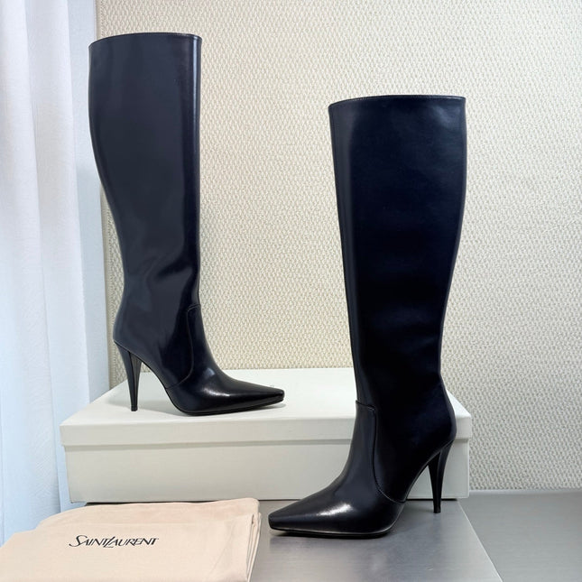 YSL 26S HIGH-HEEL TALL BOOTS 105 MM IN BLACK SHINY LAMBSKIN