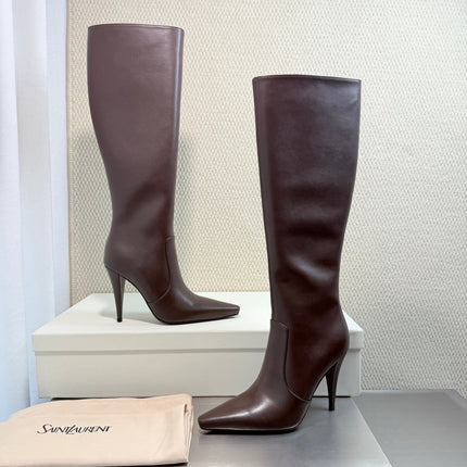 YSL 26S HIGH-HEEL TALL BOOTS 105 MM IN DARK BROWN SHINY LAMBSKIN