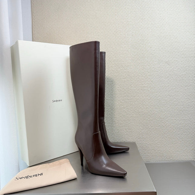 YSL 26S HIGH-HEEL TALL BOOTS 105 MM IN DARK BROWN SHINY LAMBSKIN