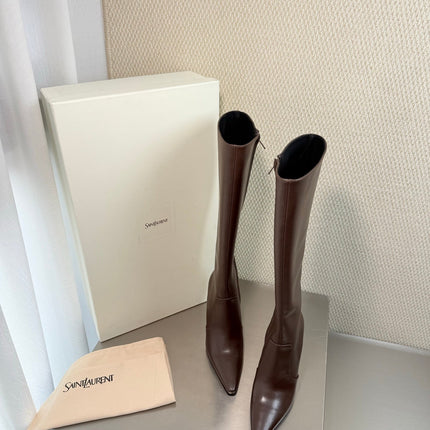 YSL 26S HIGH-HEEL TALL BOOTS 105 MM IN DARK BROWN SHINY LAMBSKIN
