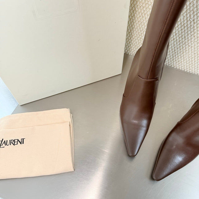 YSL 26S HIGH-HEEL TALL BOOTS 105 MM IN DARK BROWN SHINY LAMBSKIN