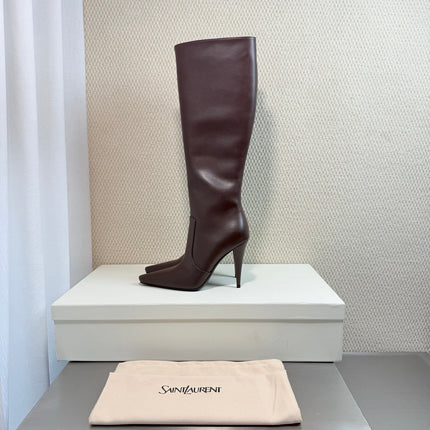 YSL 26S HIGH-HEEL TALL BOOTS 105 MM IN DARK BROWN SHINY LAMBSKIN