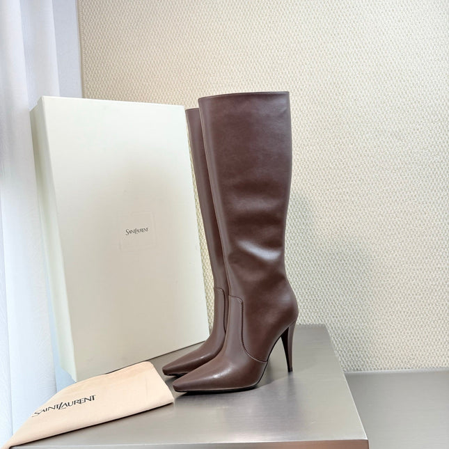 YSL 26S HIGH-HEEL TALL BOOTS 105 MM IN DARK BROWN SHINY LAMBSKIN