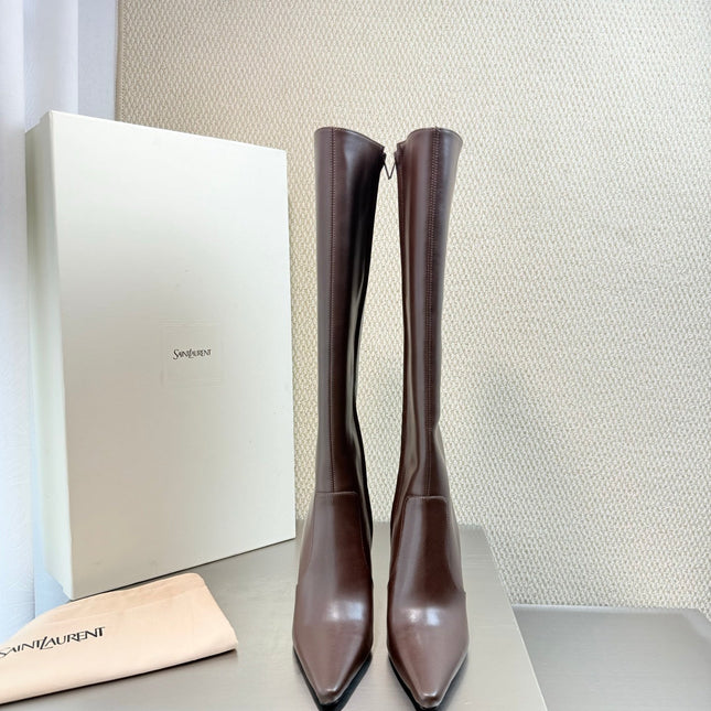 YSL 26S HIGH-HEEL TALL BOOTS 105 MM IN DARK BROWN SHINY LAMBSKIN