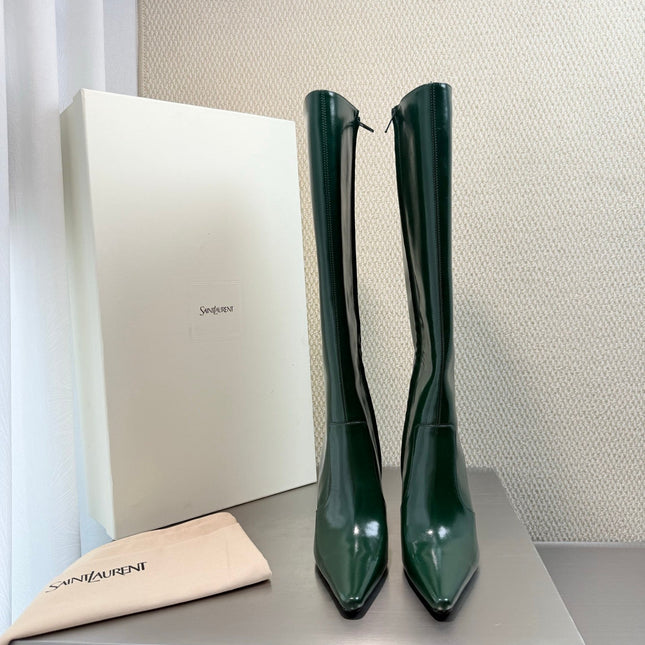 YSL 26S HIGH-HEEL TALL BOOTS 105 MM IN DARK GREEN SHINY LAMBSKIN