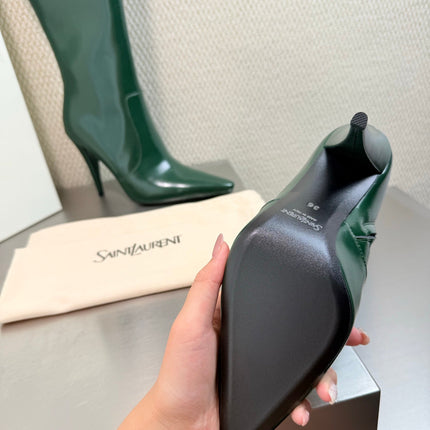YSL 26S HIGH-HEEL TALL BOOTS 105 MM IN DARK GREEN SHINY LAMBSKIN