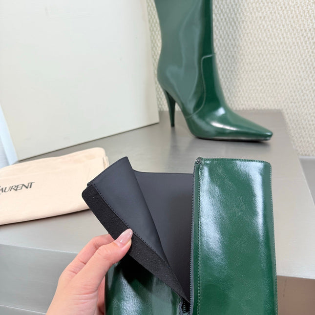 YSL 26S HIGH-HEEL TALL BOOTS 105 MM IN DARK GREEN SHINY LAMBSKIN