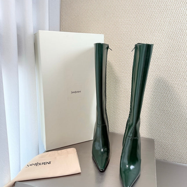 YSL 26S HIGH-HEEL TALL BOOTS 105 MM IN DARK GREEN SHINY LAMBSKIN