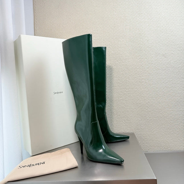 YSL 26S HIGH-HEEL TALL BOOTS 105 MM IN DARK GREEN SHINY LAMBSKIN