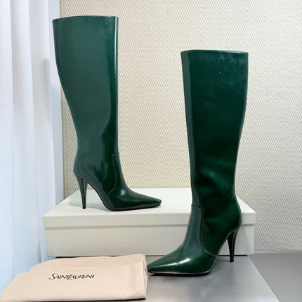 YSL 26S HIGH-HEEL TALL BOOTS 105 MM IN DARK GREEN SHINY LAMBSKIN