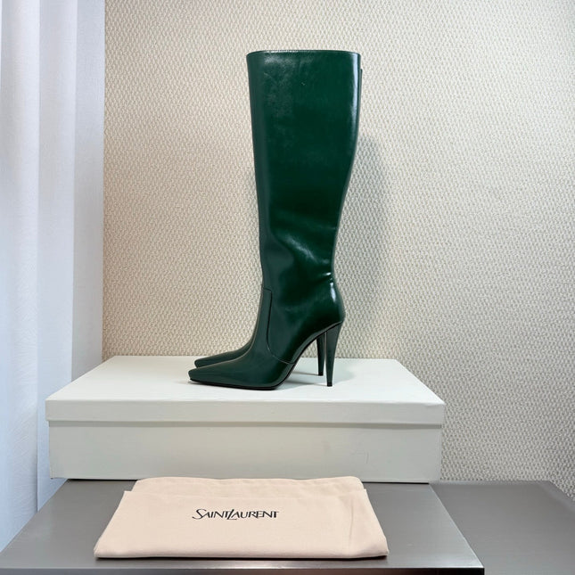 YSL 26S HIGH-HEEL TALL BOOTS 105 MM IN DARK GREEN SHINY LAMBSKIN