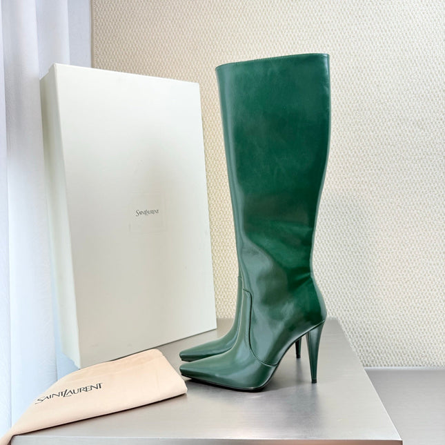 YSL 26S HIGH-HEEL TALL BOOTS 105 MM IN DARK GREEN SHINY LAMBSKIN