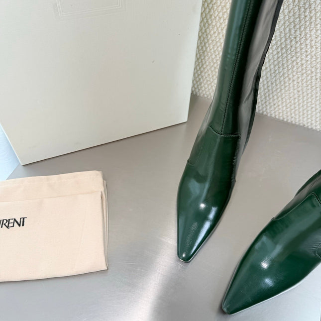 YSL 26S HIGH-HEEL TALL BOOTS 105 MM IN DARK GREEN SHINY LAMBSKIN