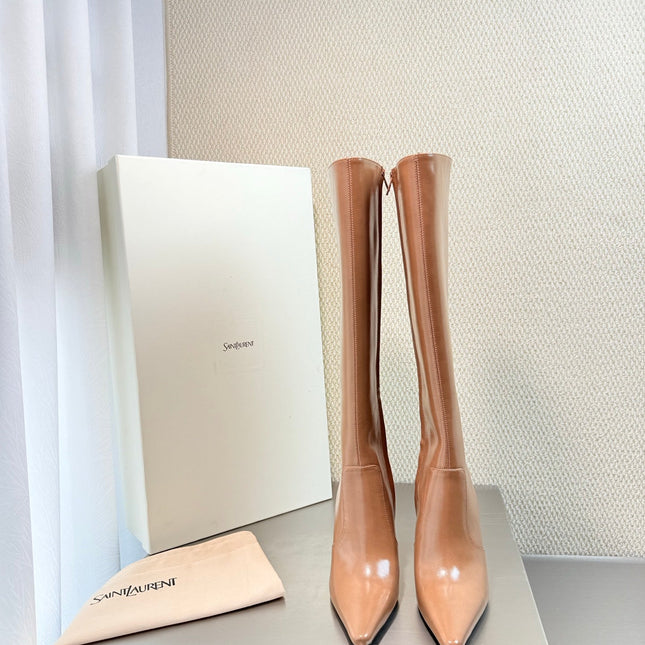 YSL 26S HIGH-HEEL TALL BOOTS 105 MM IN CAMEL SHINY LAMBSKIN