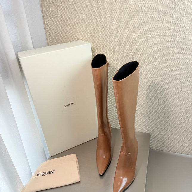 YSL 26S HIGH-HEEL TALL BOOTS 105 MM IN CAMEL SHINY LAMBSKIN