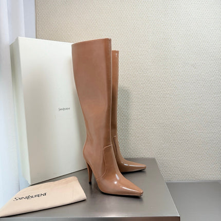 YSL 26S HIGH-HEEL TALL BOOTS 105 MM IN CAMEL SHINY LAMBSKIN