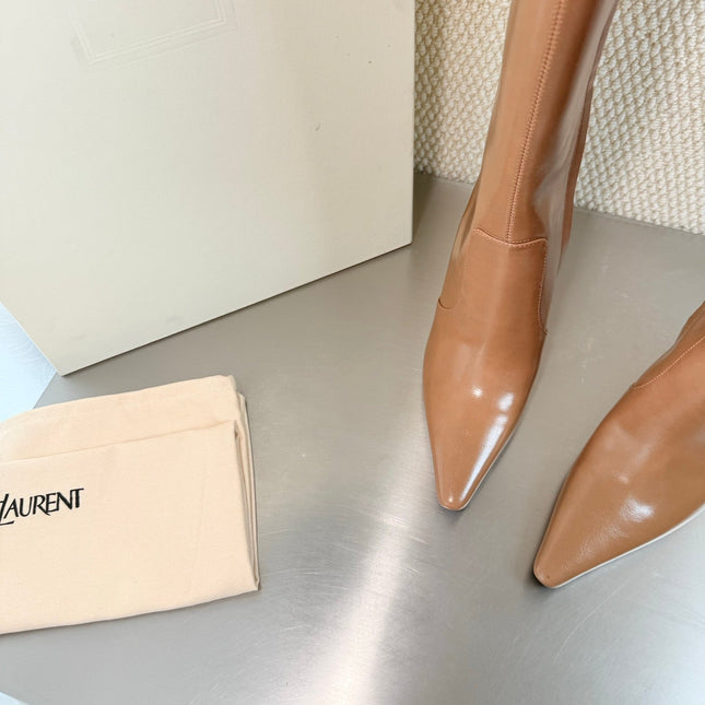 YSL 26S HIGH-HEEL TALL BOOTS 105 MM IN CAMEL SHINY LAMBSKIN