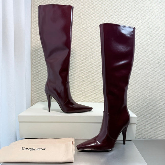 YSL 26S HIGH-HEEL TALL BOOTS 105 MM IN DARK RED GLOSSY LAMBSKIN
