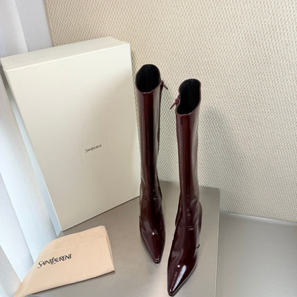 YSL 26S HIGH-HEEL TALL BOOTS 105 MM IN DARK RED GLOSSY LAMBSKIN