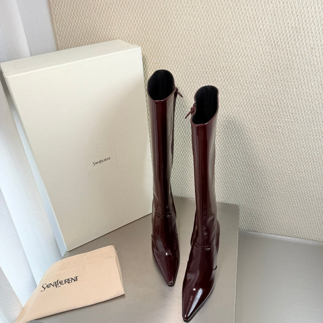 YSL 26S HIGH-HEEL TALL BOOTS 105 MM IN DARK RED GLOSSY LAMBSKIN
