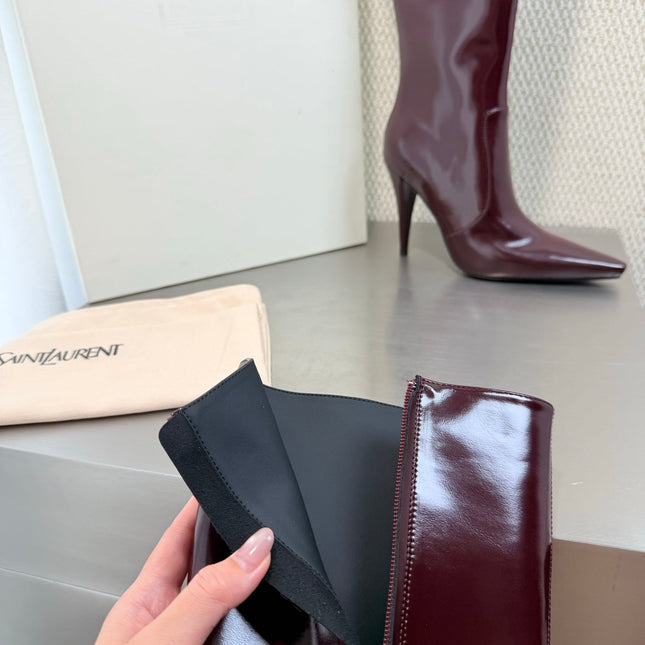 YSL 26S HIGH-HEEL TALL BOOTS 105 MM IN DARK RED GLOSSY LAMBSKIN