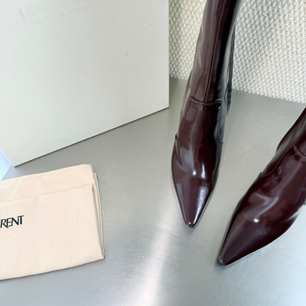 YSL 26S HIGH-HEEL TALL BOOTS 105 MM IN DARK RED GLOSSY LAMBSKIN