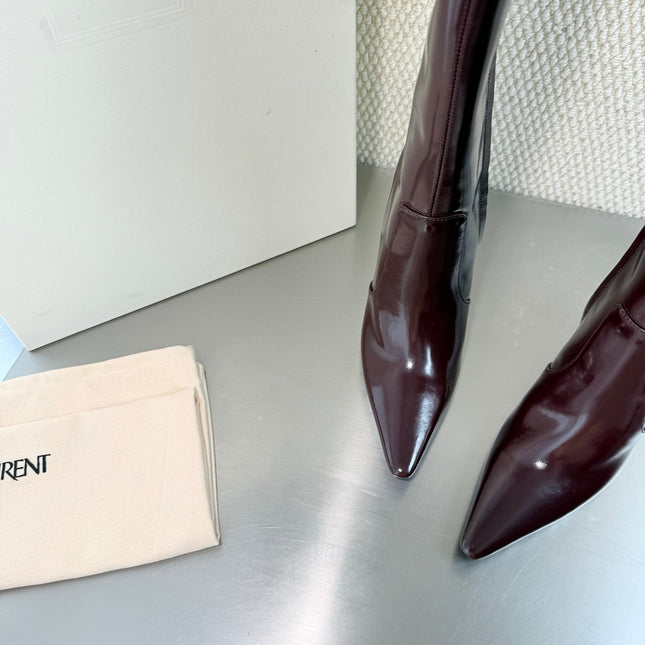 YSL 26S HIGH-HEEL TALL BOOTS 105 MM IN DARK RED GLOSSY LAMBSKIN