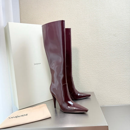 YSL 26S HIGH-HEEL TALL BOOTS 105 MM IN DARK RED GLOSSY LAMBSKIN