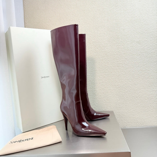 YSL 26S HIGH-HEEL TALL BOOTS 105 MM IN DARK RED GLOSSY LAMBSKIN