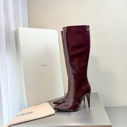 YSL 26S HIGH-HEEL TALL BOOTS 105 MM IN DARK RED GLOSSY LAMBSKIN