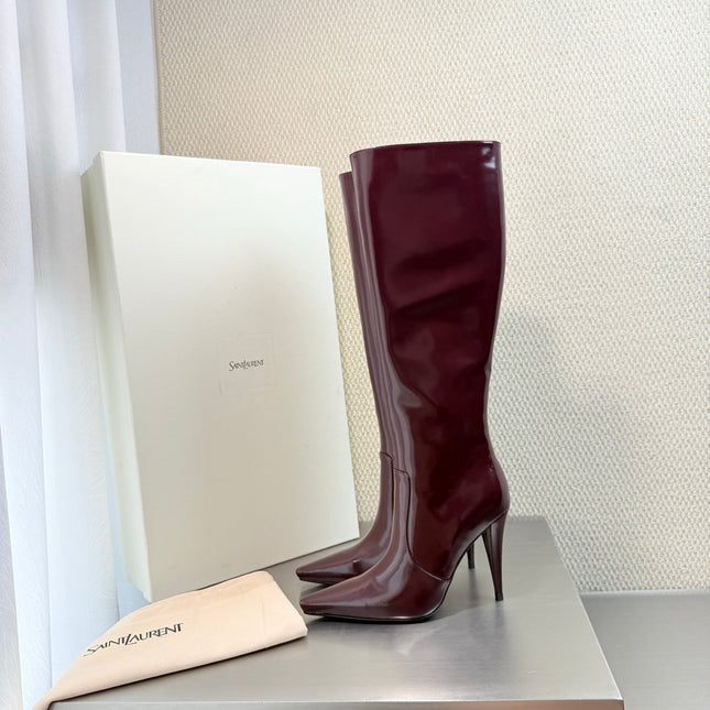 YSL 26S HIGH-HEEL TALL BOOTS 105 MM IN DARK RED GLOSSY LAMBSKIN