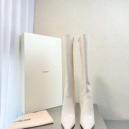 YSL 26S HIGH-HEEL TALL BOOTS 105 MM IN CREAM WHITE SHINY LAMBSKIN