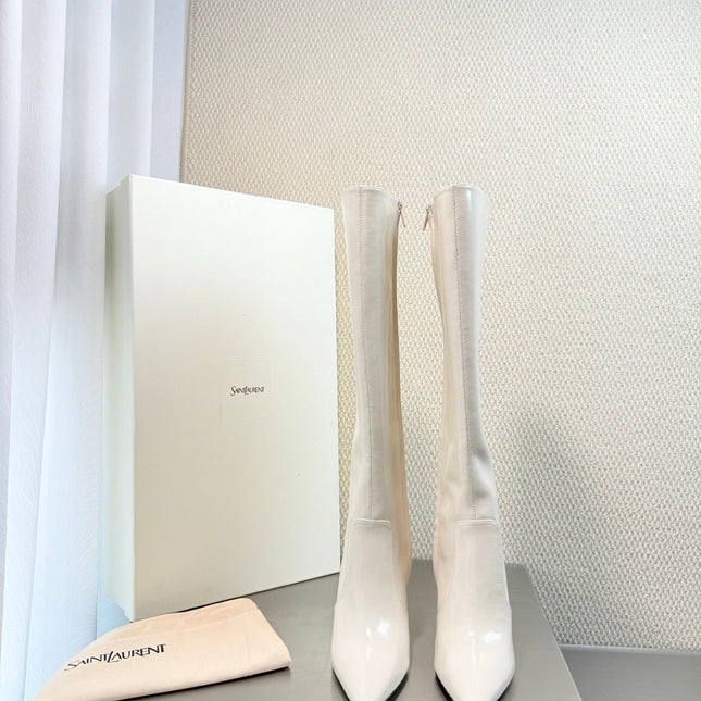 YSL 26S HIGH-HEEL TALL BOOTS 105 MM IN CREAM WHITE SHINY LAMBSKIN