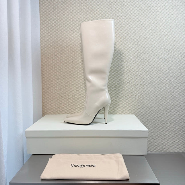 YSL 26S HIGH-HEEL TALL BOOTS 105 MM IN CREAM WHITE SHINY LAMBSKIN