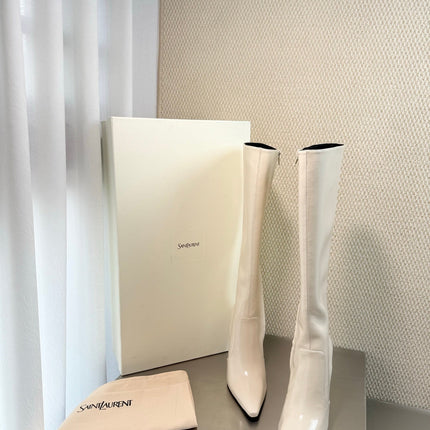 YSL 26S HIGH-HEEL TALL BOOTS 105 MM IN CREAM WHITE SHINY LAMBSKIN