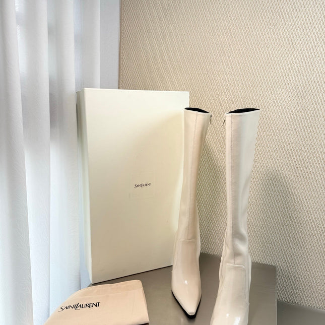 YSL 26S HIGH-HEEL TALL BOOTS 105 MM IN CREAM WHITE SHINY LAMBSKIN