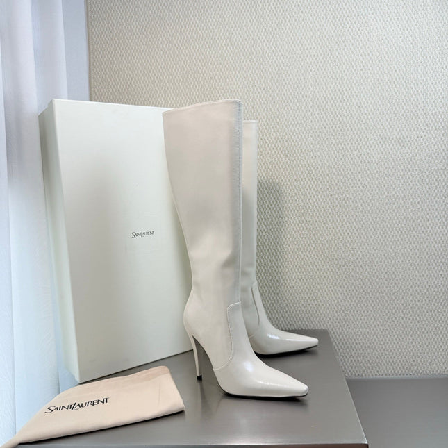YSL 26S HIGH-HEEL TALL BOOTS 105 MM IN CREAM WHITE SHINY LAMBSKIN