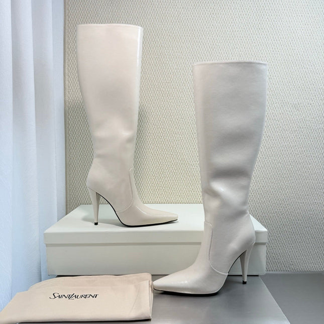 YSL 26S HIGH-HEEL TALL BOOTS 105 MM IN CREAM WHITE SHINY LAMBSKIN
