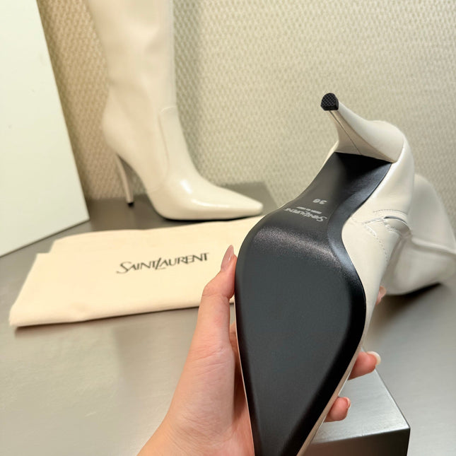 YSL 26S HIGH-HEEL TALL BOOTS 105 MM IN CREAM WHITE SHINY LAMBSKIN