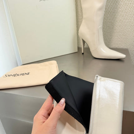 YSL 26S HIGH-HEEL TALL BOOTS 105 MM IN CREAM WHITE SHINY LAMBSKIN
