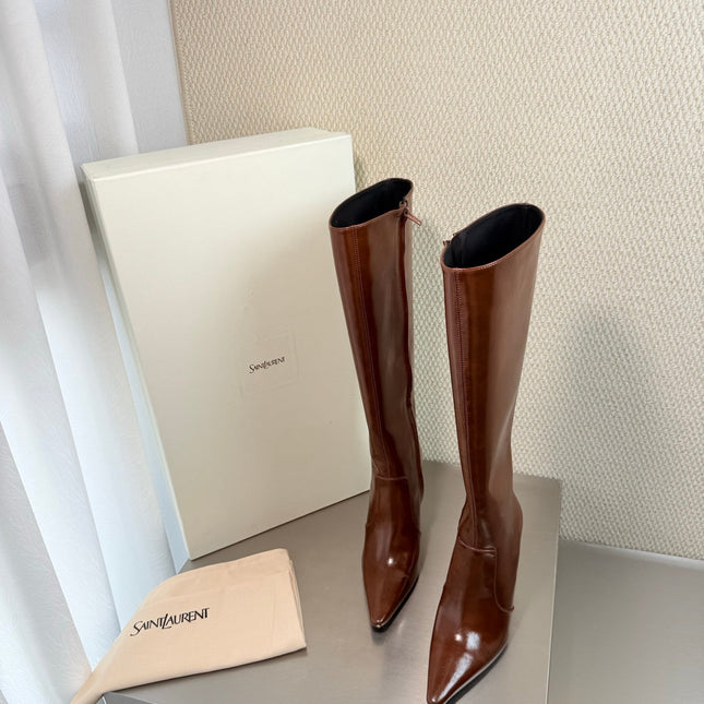 YSL 26S HIGH-HEEL TALL BOOTS 105 MM IN BROWN GLOSSY LAMBSKIN