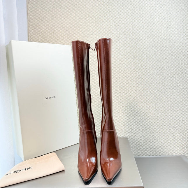 YSL 26S HIGH-HEEL TALL BOOTS 105 MM IN BROWN GLOSSY LAMBSKIN